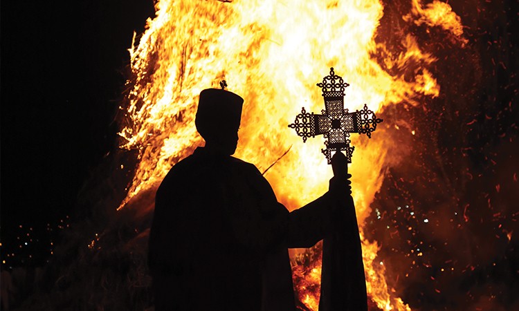Meskel Festival in Ethiopia – Traditional demera bonfires illuminate the night, symbolizing purification and the discovery of the True Cross.