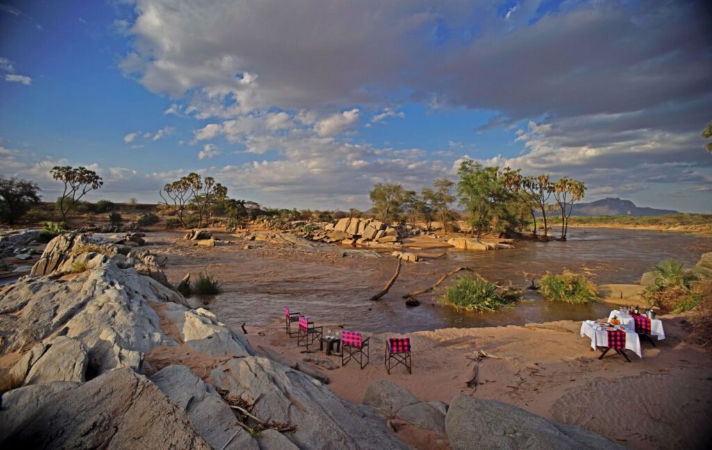 Luxury safari lodges along the Ewaso Nyiro River in Samburu Kenya